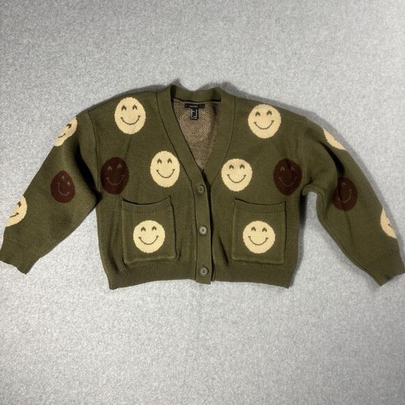 Forever 21 Women's Cozy Fit Cardigan Smiley Face Green Tan Jacquard Knit Size M - Picture 2 of 7
